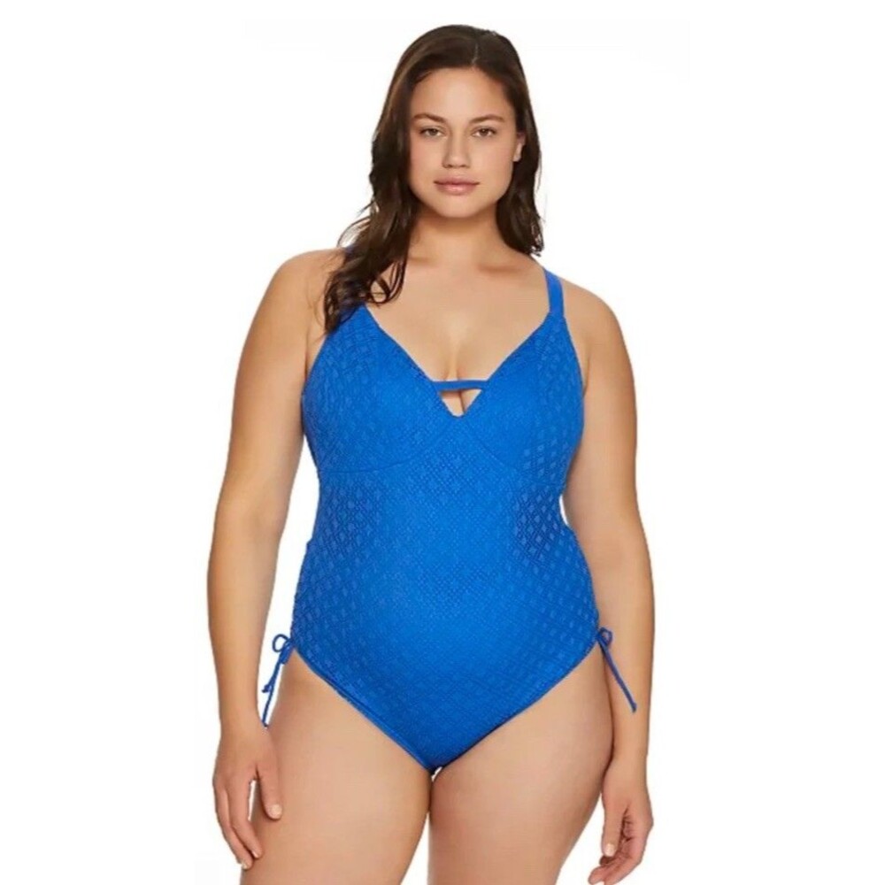 Elomi Blue One Piece Swimsuit 36K Plus Size Underwire Mesh Overlay Swimwear